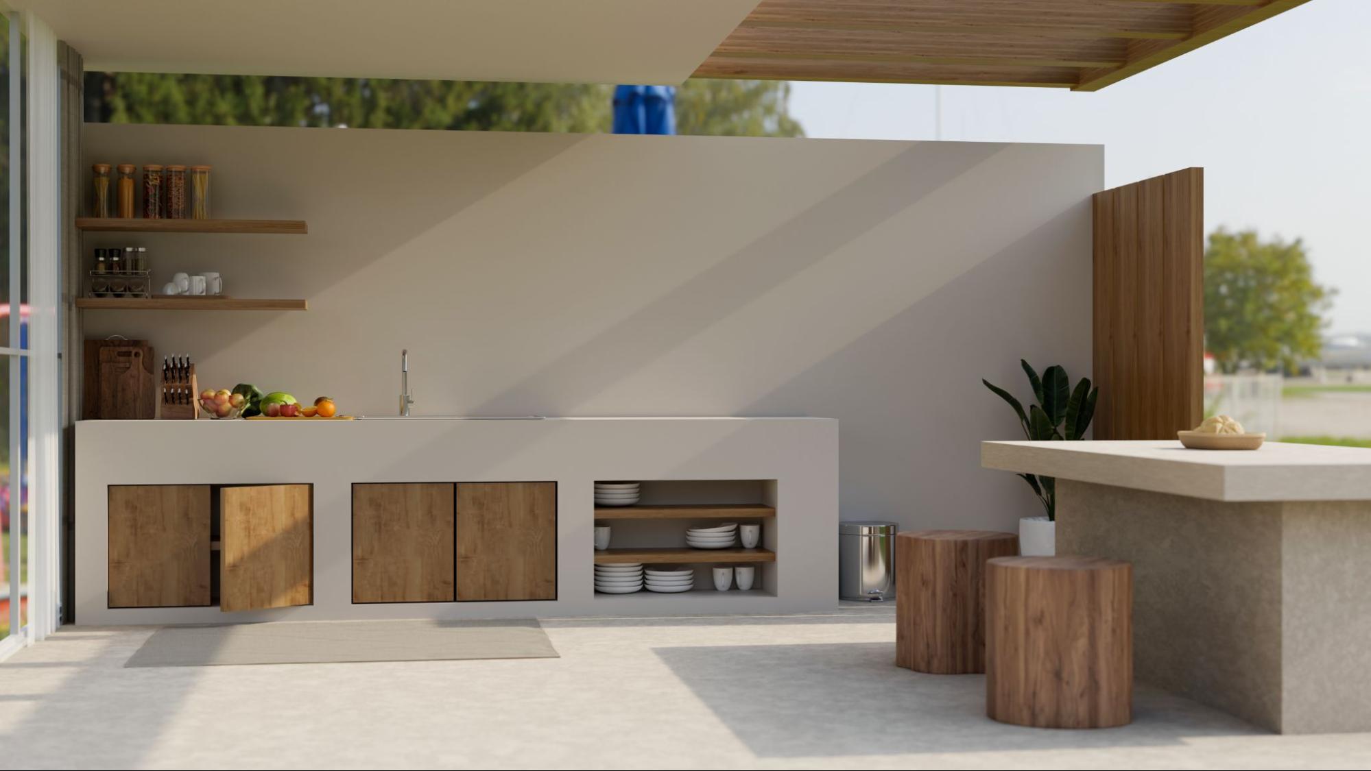 A modern concrete and wood outdoor kitchen.