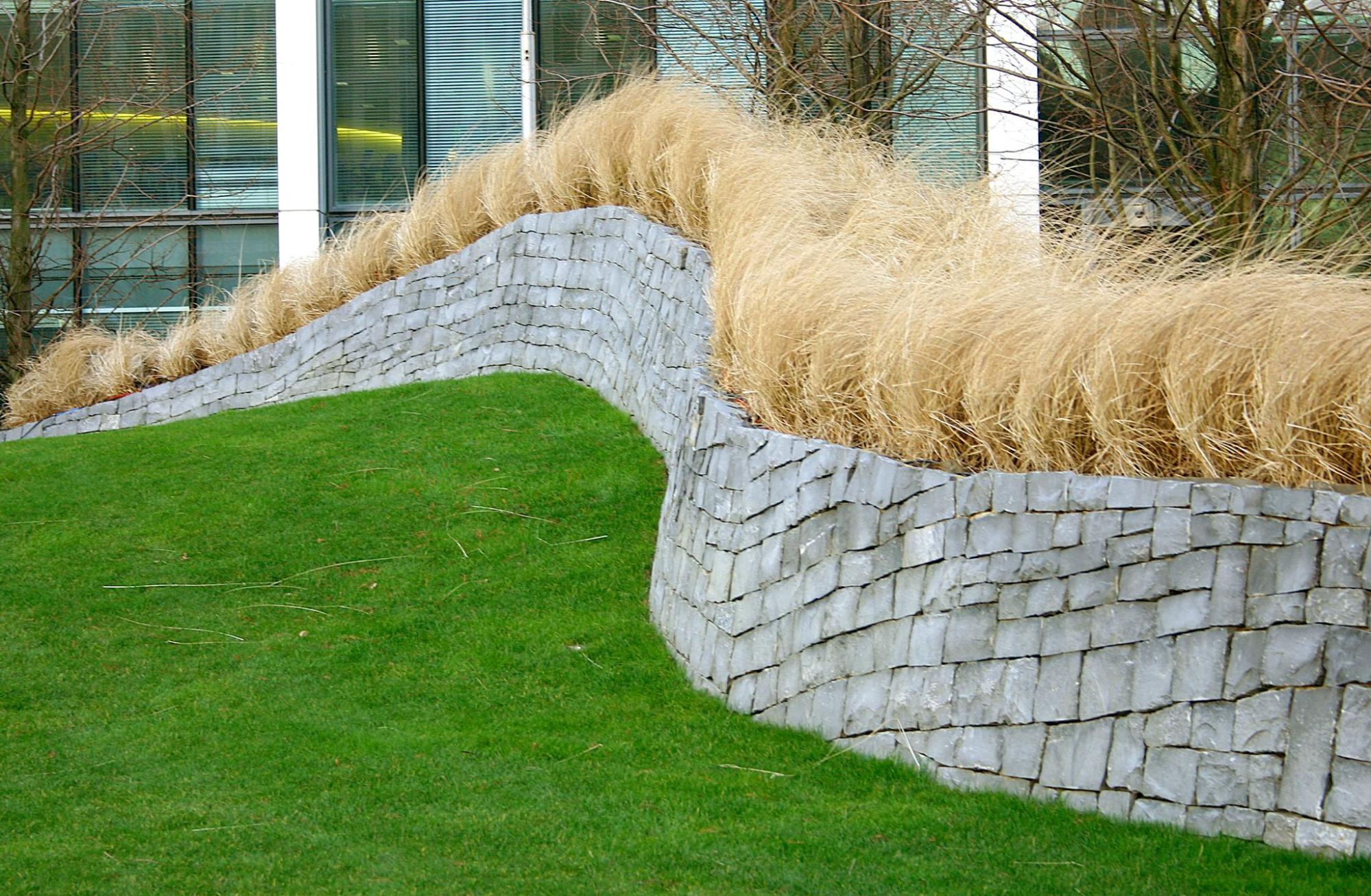 Curved retaining walls topped with ornamental brown grass plants, bordered by artificial turf for a clean, modern landscape look
