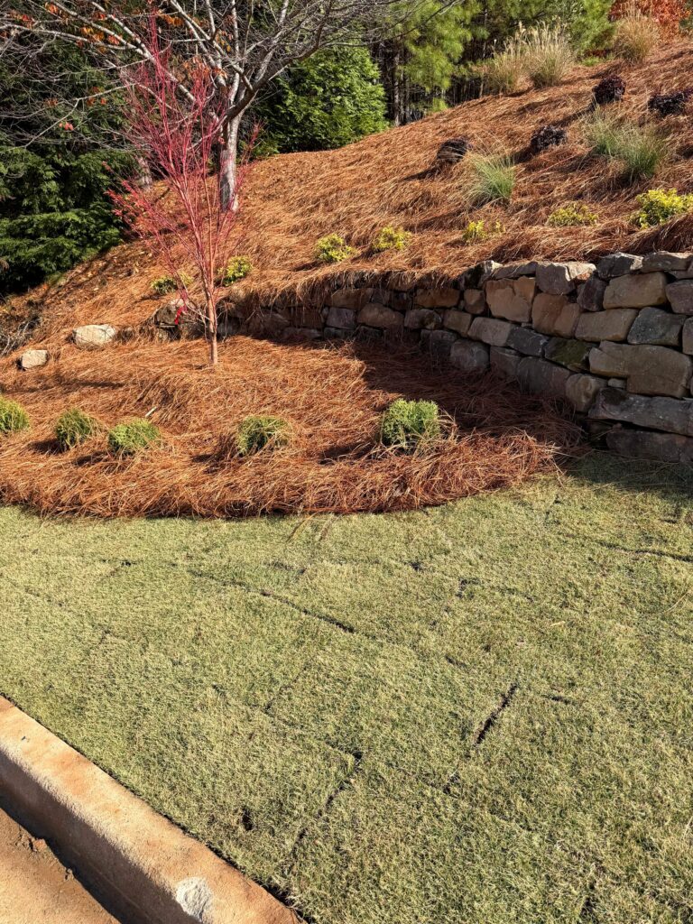 Tucano Stones - Boulder wall with fresh sod and pine straw landscaping - Johns Creek GA