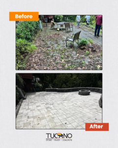A “Before and After” comparison shows a backyard patio renovation. In the top “Before” photo, the patio surface looks worn and dirty, with leaves and debris scattered across uneven concrete, a small table and chairs, and overgrown plants along the edges. In the bottom “After” photo, the space is transformed into a large, clean paver patio laid in a light gray rectangular pattern, bordered by a curved stacked-stone retaining wall. A round stone fire pit sits on the new surface, creating a finished outdoor living area. The “TUCANO — Stone • Paver • Concrete” logo appears at the bottom.